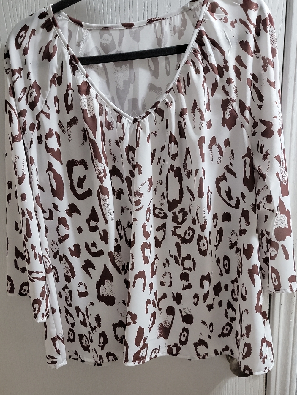 NWOT V-Neck Womens Blouse in White with Brown Leopard Print